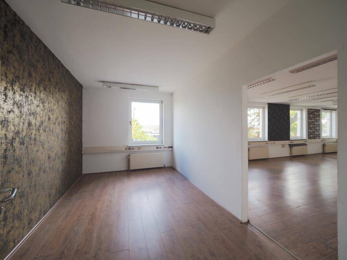 Geräumiger Büroraum mit Laminatboden, einer Akzentwand und großen Fenstern.