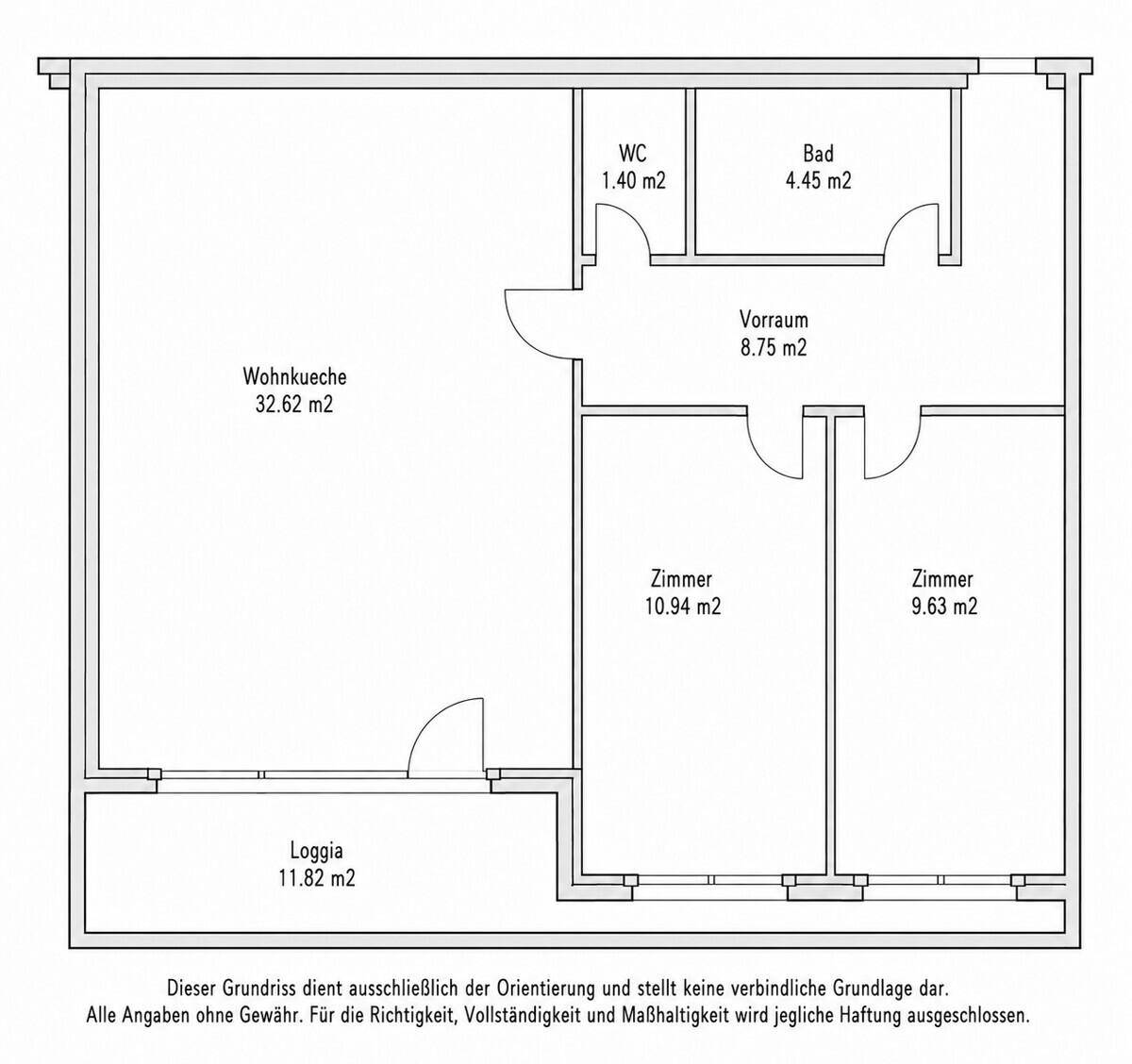 Grundriss einer Wohnung mit Wohnküche, zwei Zimmern, Bad, WC und Loggia.