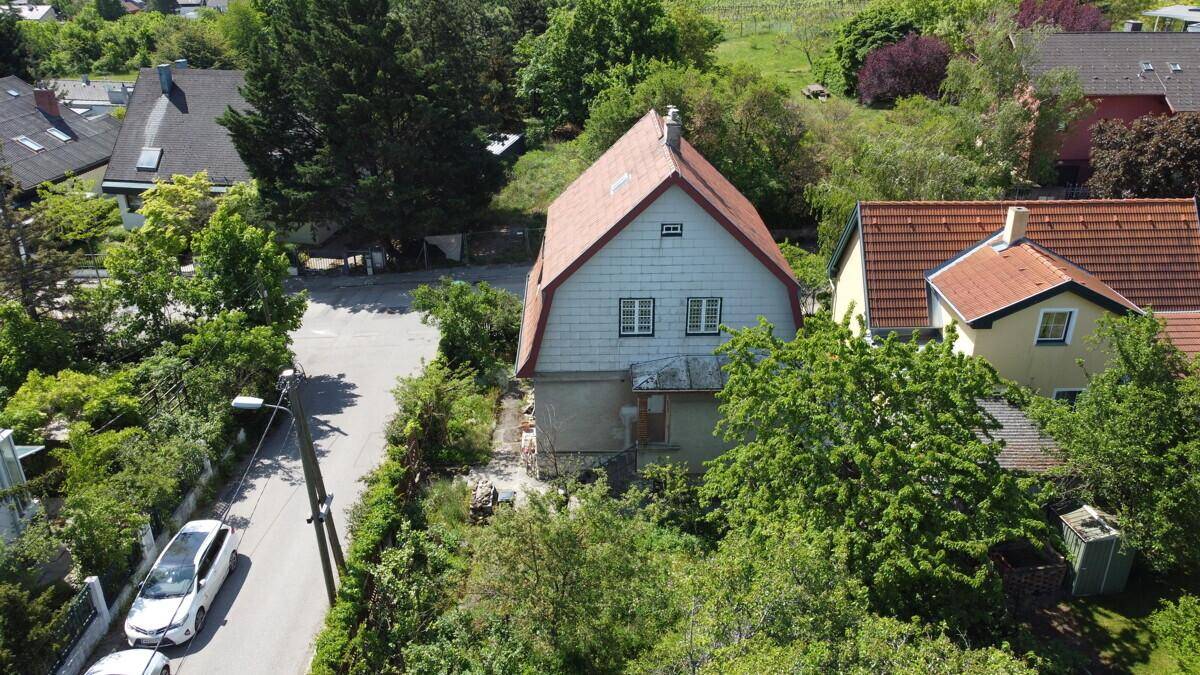 Seitenansicht eines älteren Hauses mit Satteldach und umgebender grüner Vegetation.