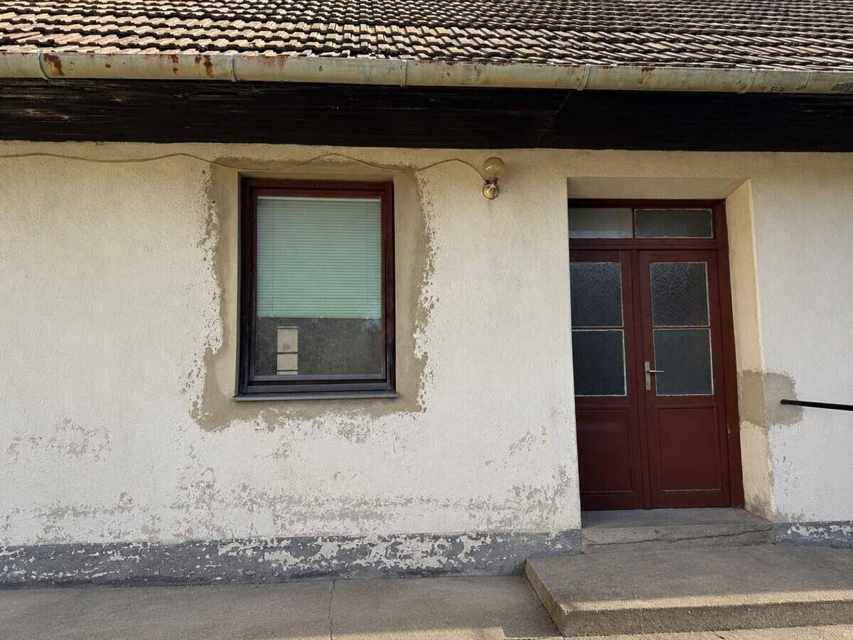 Außenwand eines Gebäudes mit einem Fenster und einer braunen Doppeltür, die Farbe blättert sichtbar ab.