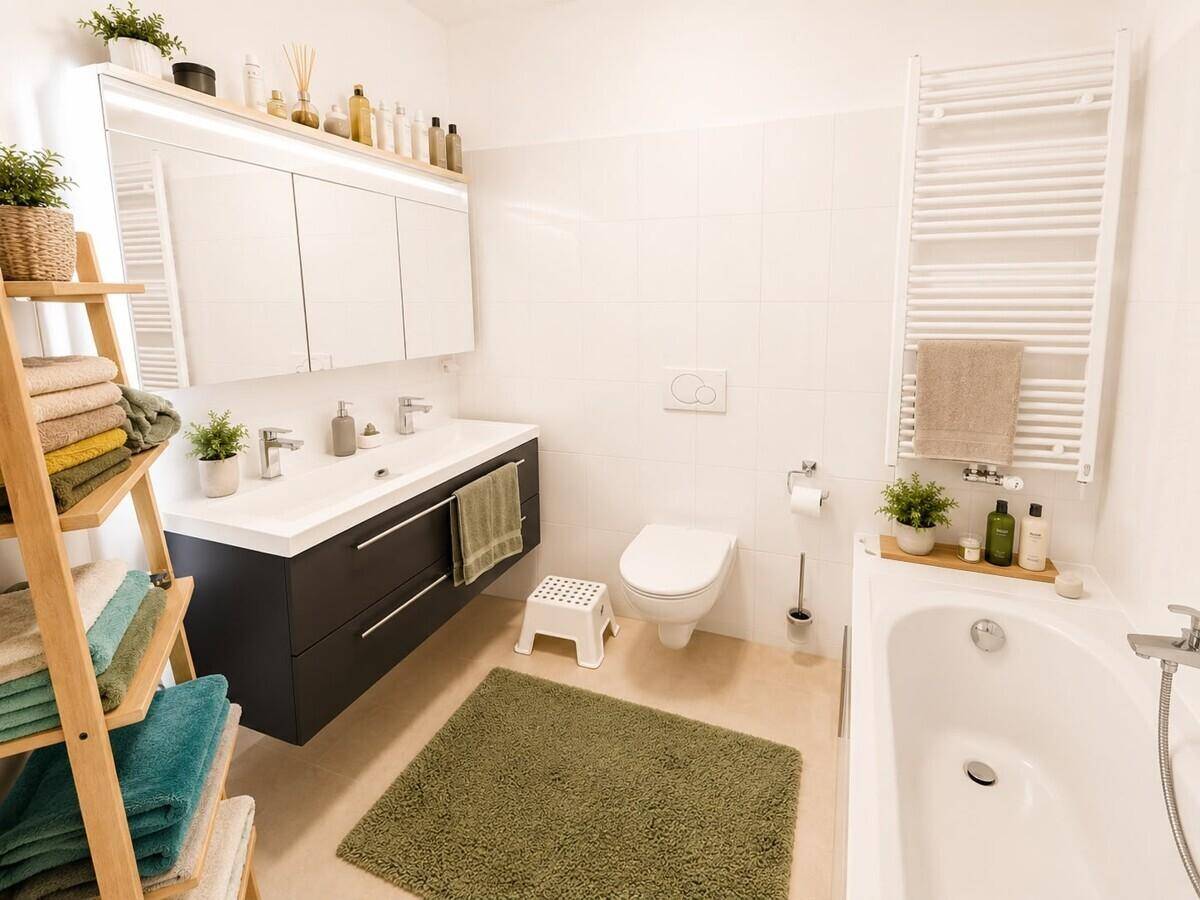 Modernes Badezimmer mit Doppelwaschbecken, Toilette und einer Badewanne, hell gefliest.