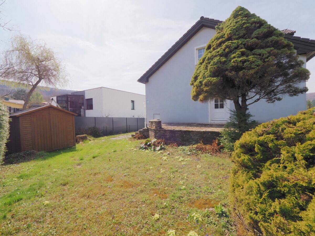 Gartenbereich mit Rasen, Sträuchern und einem kleinen Holzschuppen neben dem Haus.