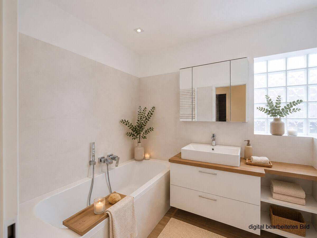 Modernes Badezimmer mit Badewanne, Waschtisch, Spiegelschrank und Handtuchheizkörper.