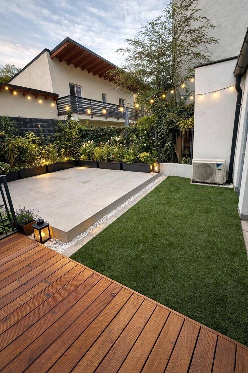 Gemütlicher Gartenbereich mit Terrasse, Rasen und Lichterkette für Abendstimmung.