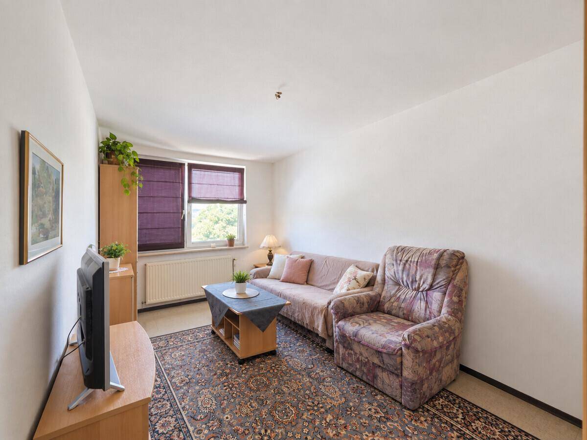 Wohnzimmer mit bequemer Couch, Sessel, Teppich und Fernseher für entspannte Abende.