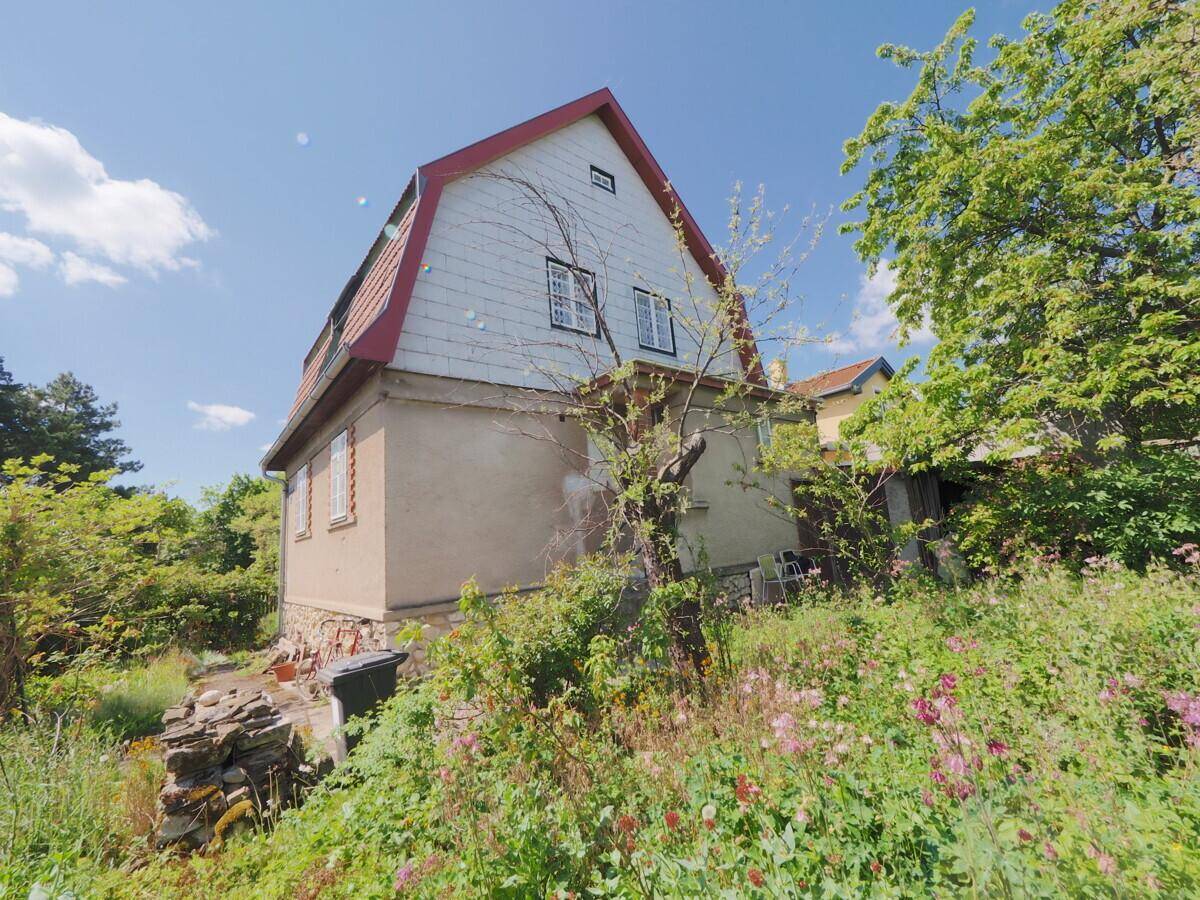 Seitenansicht des Hauses vom Garten aus mit Putzfassade, Satteldach und umgebender Natur.