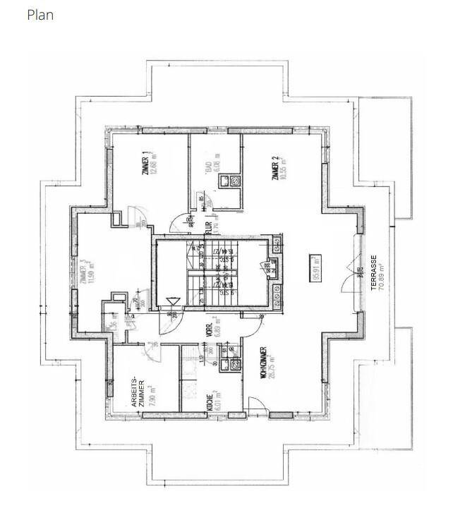 Grundriss der Wohnung mit Zimmern, Bad, Küche und großer Terrasse von 70,89 m².