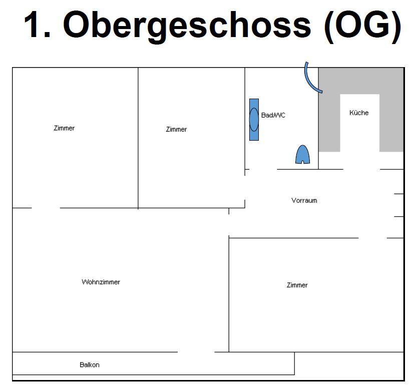 Grundriss des ersten Obergeschosses mit Zimmern, Bad, Küche, Wohnzimmer und Balkon.