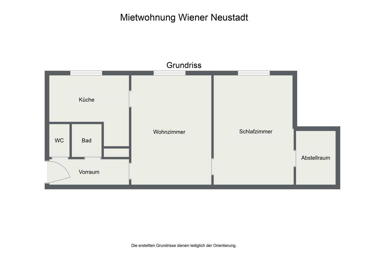 Grundriss einer Mietwohnung in Wiener Neustadt mit separater Küche, Bad und Abstellraum.