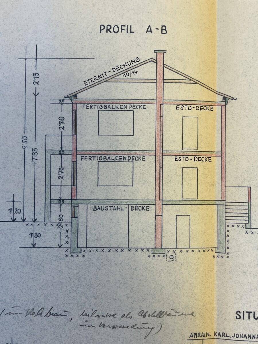 Architektonischer Querschnitt des Hauses mit Darstellung der Geschosse und Dachkonstruktion.