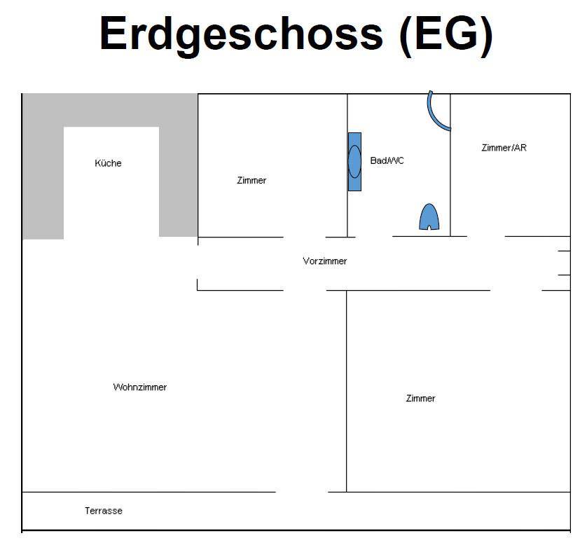 Grundriss des Erdgeschosses mit Küche, Wohnzimmer, Zimmern, Bad und Terrasse.