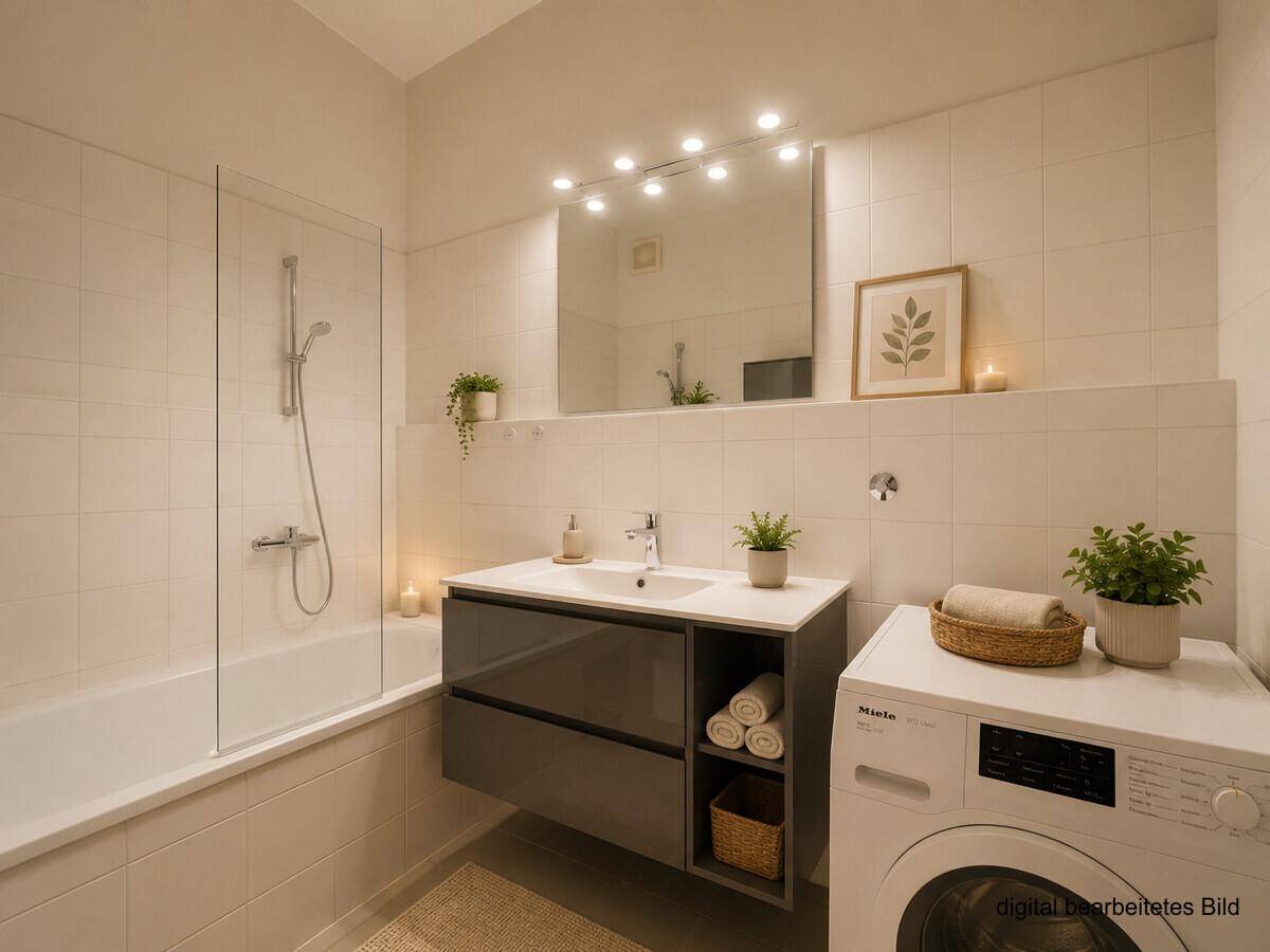 Modernisiertes Badezimmer mit Badewanne, Duschabtrennung, Waschbecken und Waschmaschine.