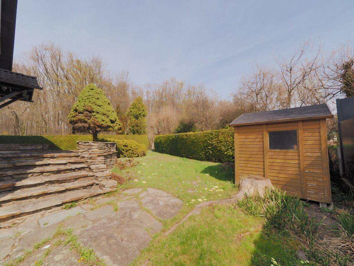 Gepflegter Garten mit Rasenfläche, Hecke und einem praktischen Holzschuppen.