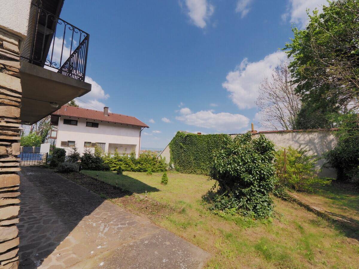 Gepflegter Gartenbereich mit Rasenfläche, Hecken und einem Balkon am Nachbarhaus.
