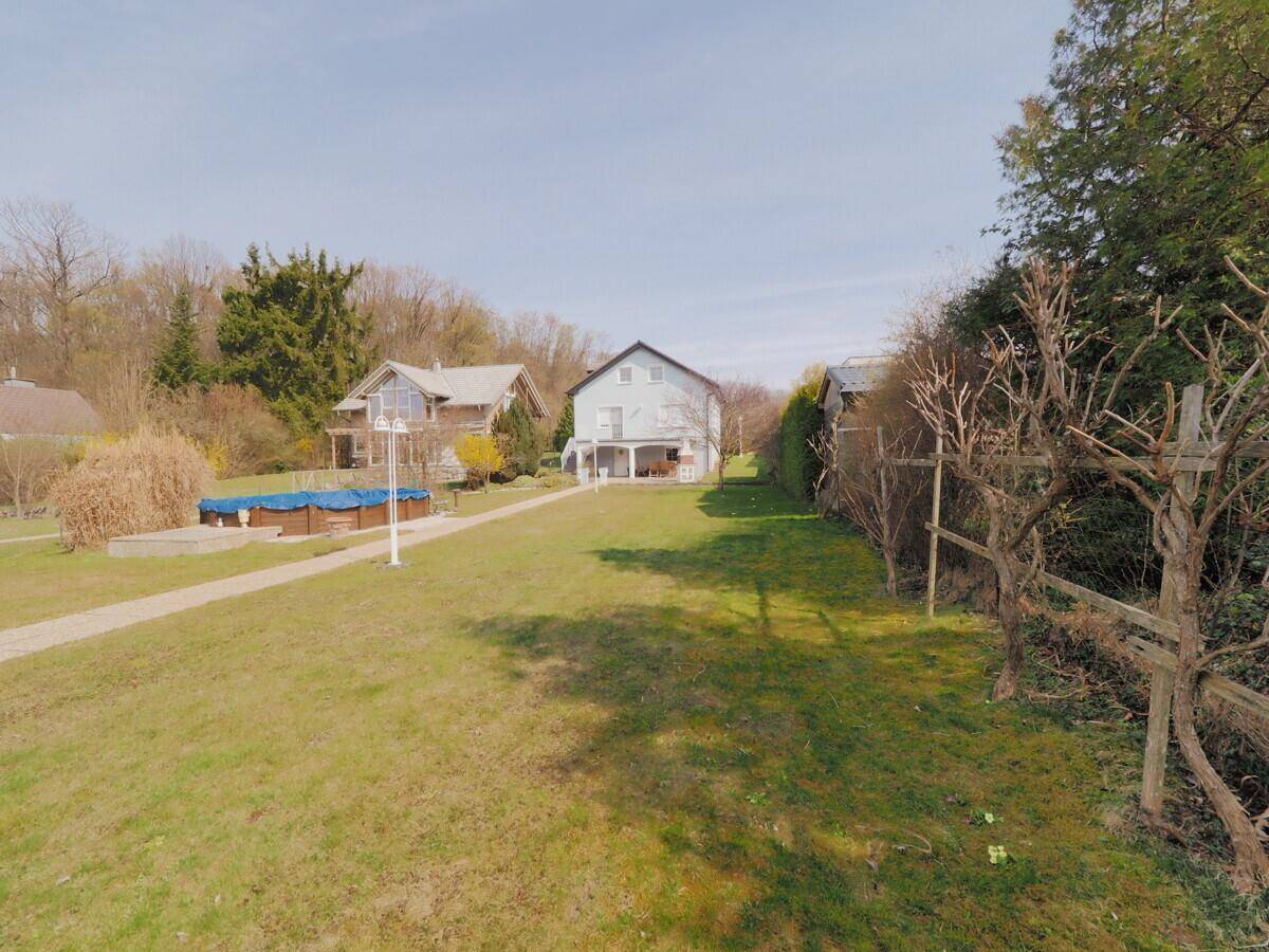 Weitläufiger Gartenbereich mit Rasenfläche, Bäumen und einem oberirdischen Pool.