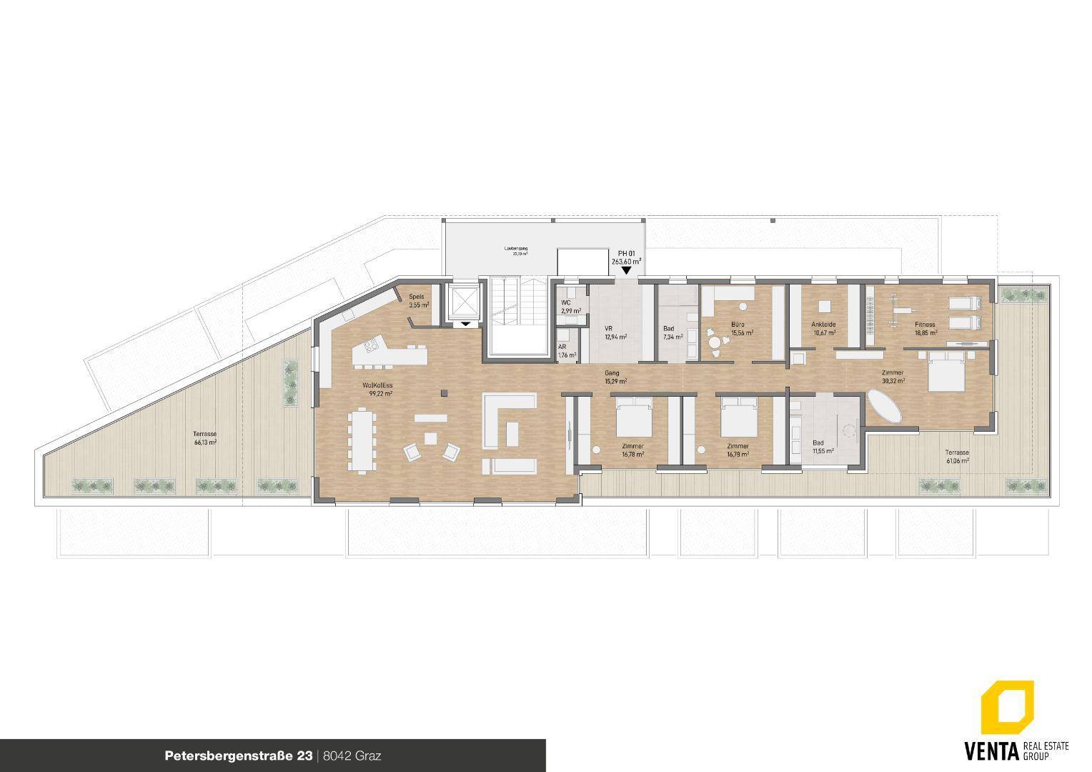 Detaillierter Grundriss einer Wohnung mit großem offenem Wohnbereich und zwei weitläufigen Terrassen.