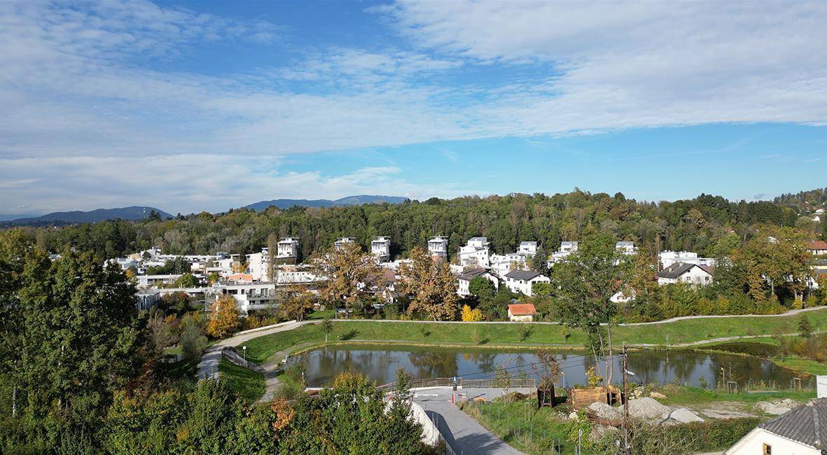 Panoramablick über eine Wohngegend mit Teich, umgeben von grünen Hügeln und Bäumen unter blauem Himmel.