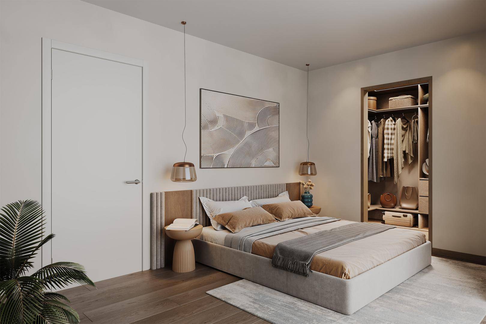 Modernes Schlafzimmer mit beigem Bett, Holzboden und offenem Kleiderschrank.