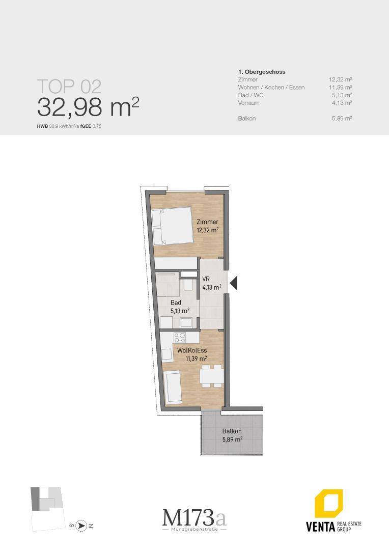 Grundriss der Wohnung TOP 02 mit 32,98 m² und einem Balkon.