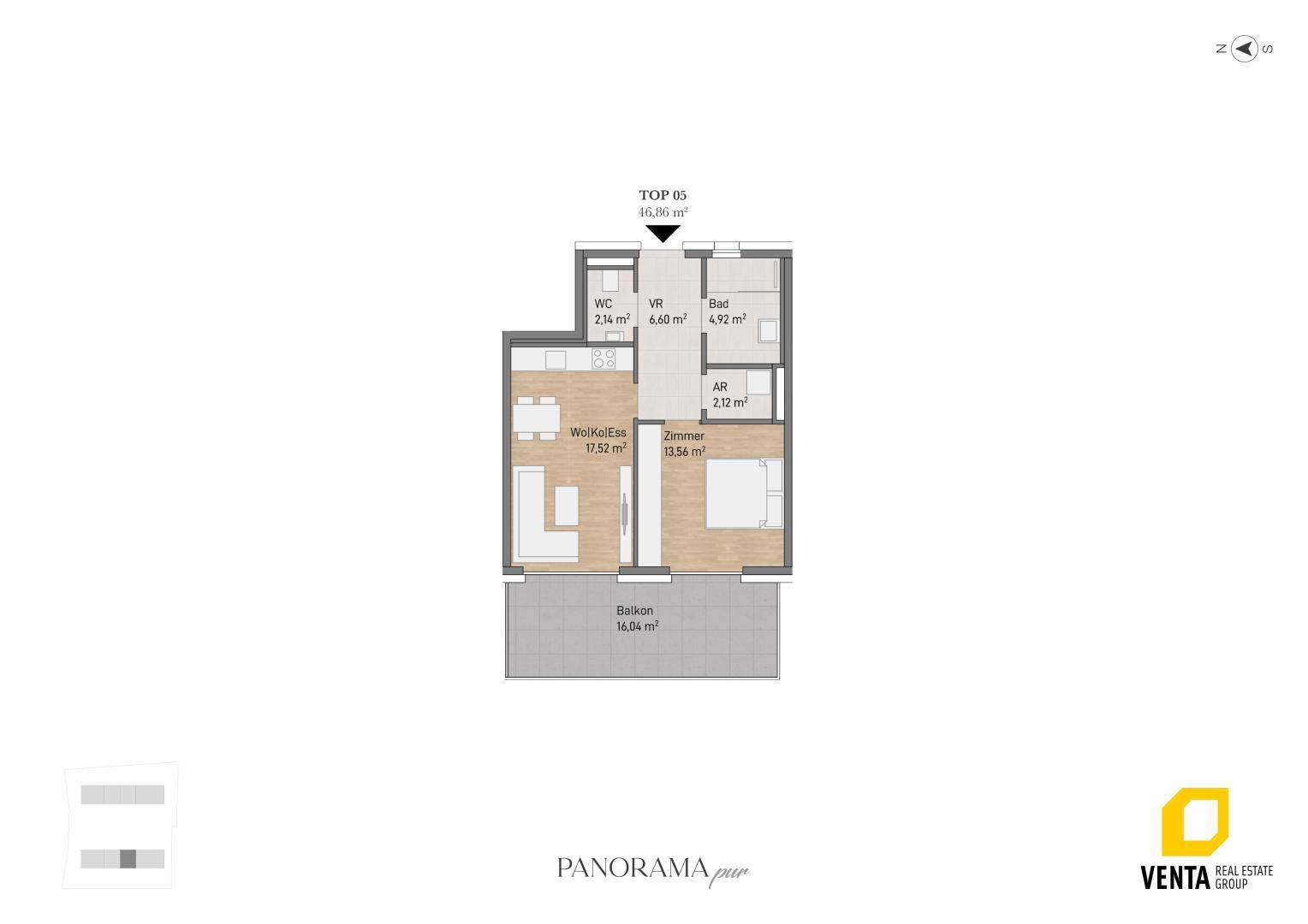 Grundriss der Wohnung TOP 05 mit Wohn-Essbereich, Schlafzimmer und Balkon.