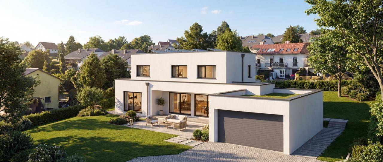 Modernes Einfamilienhaus mit Flachdach, Doppelgarage und gepflegtem Gartenbereich.