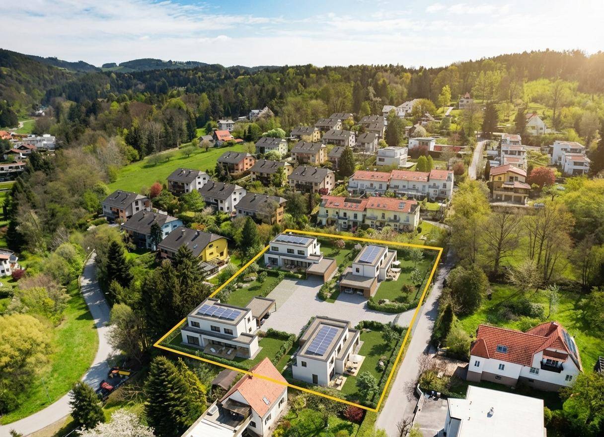 Luftaufnahme einer modernen Wohnsiedlung mit Neubauten und viel Grün in hügeliger Landschaft.