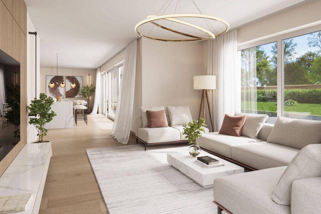 Helles, modernes Wohnzimmer mit großen Fenstern, Holzboden und offener Gestaltung zum Essbereich.