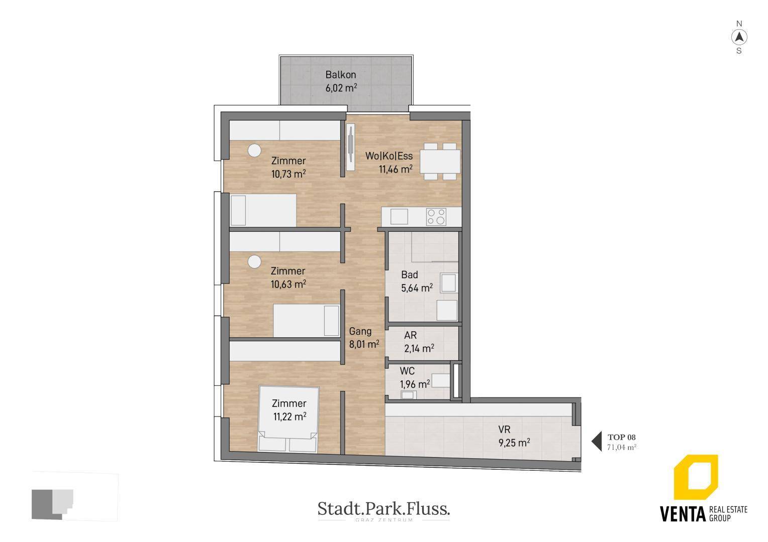 Grundriss der Wohnung TOP 08 mit drei Zimmern, offenem Wohnbereich und Balkon.
