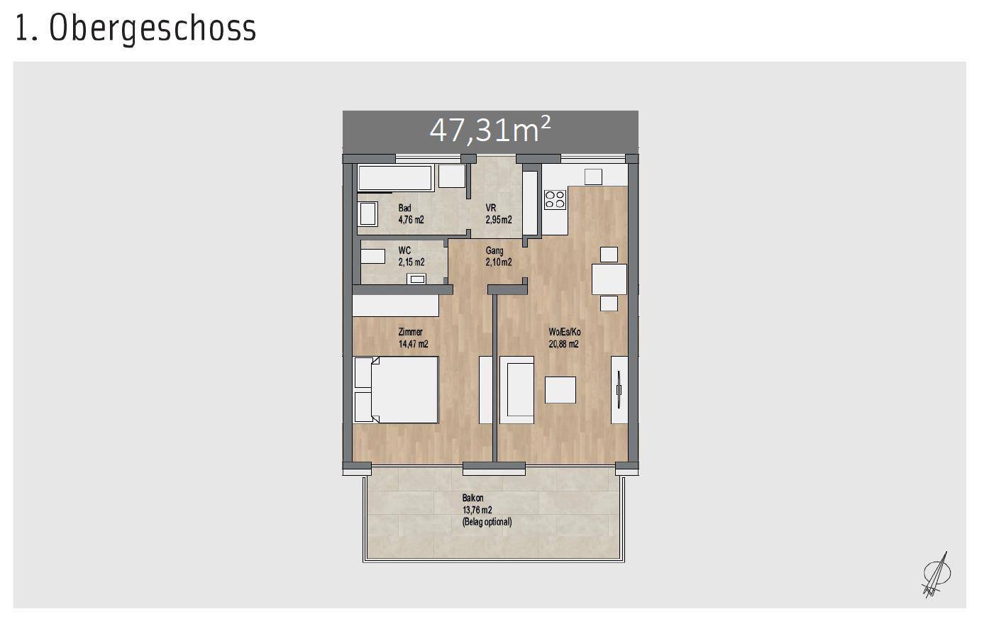 Grundriss einer 47,31m² Wohnung im ersten Obergeschoss mit Balkon und offenem Wohnbereich.
