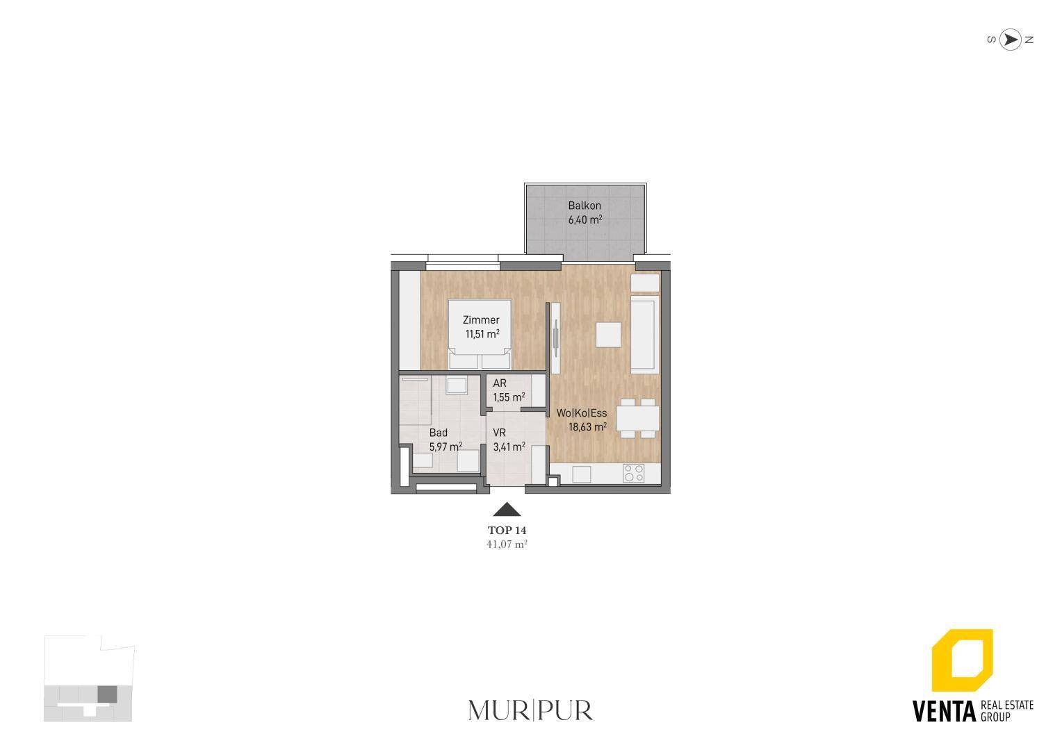 Grundriss einer Wohnung mit einem Zimmer, Bad, Wohnküche und Balkon.