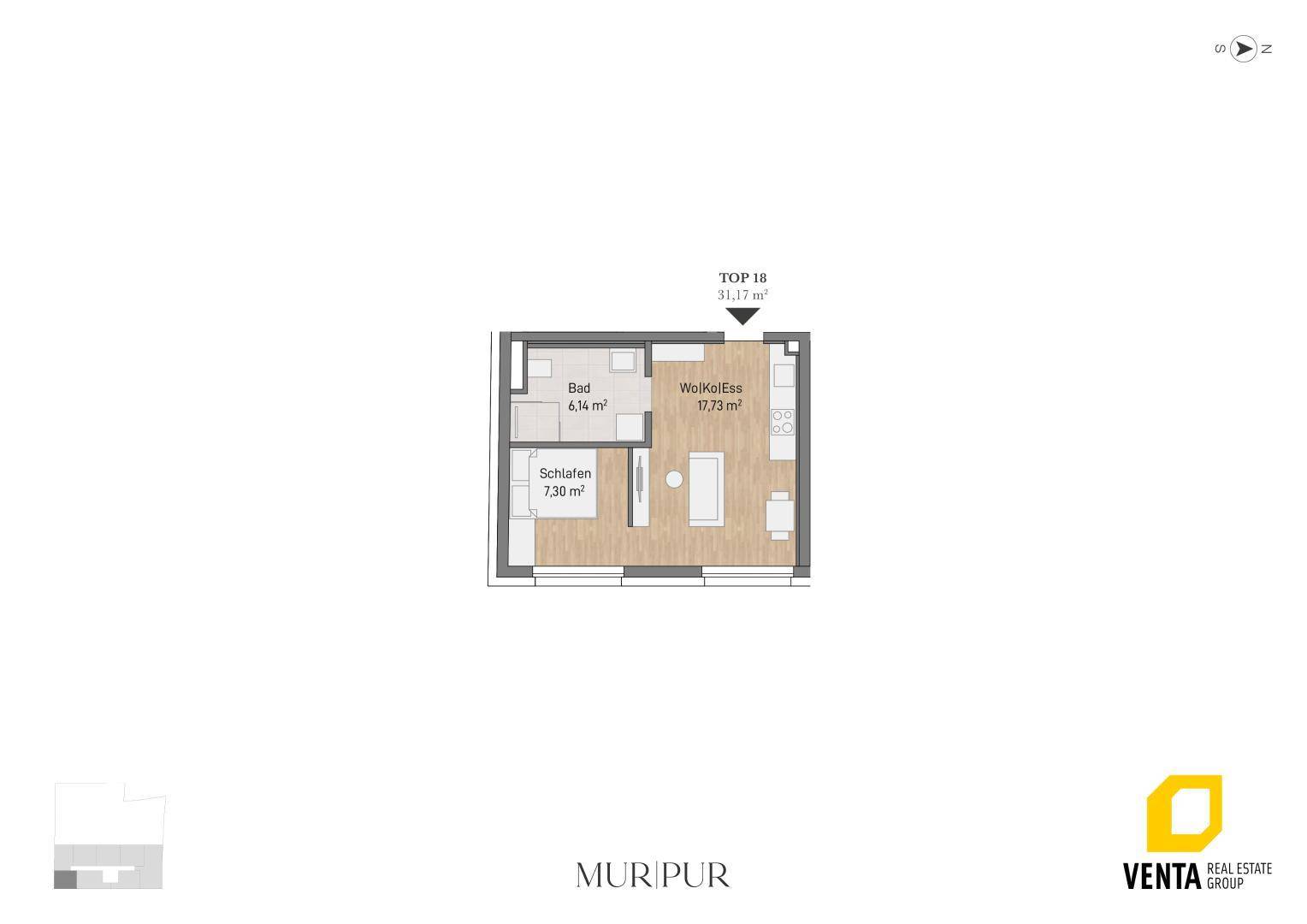 Grundriss einer kleinen Wohnung mit Schlafzimmer, Bad und offenem Wohn-Koch-Essbereich.