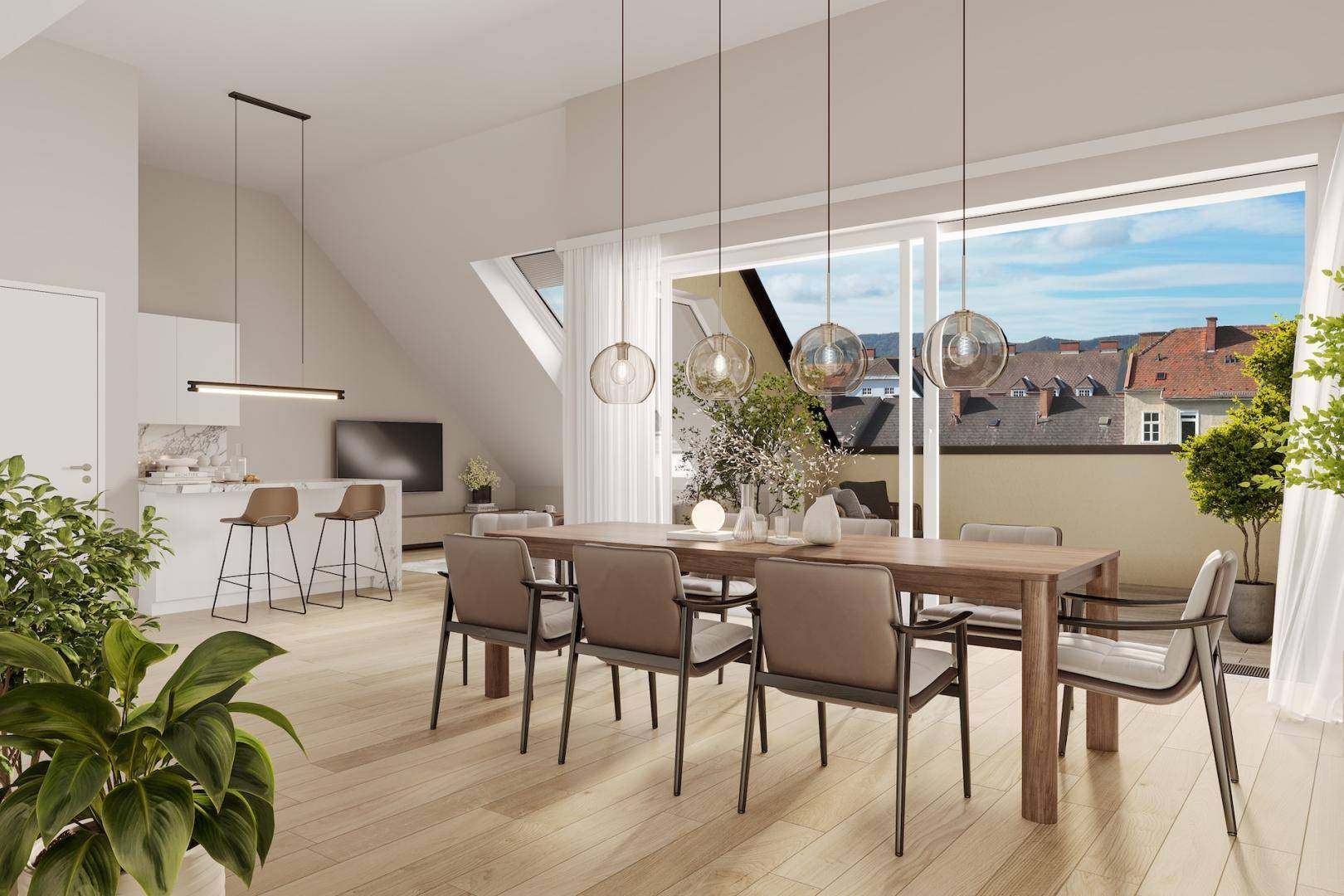 Heller offener Wohn-Essbereich mit moderner Küche, Holzboden und Zugang zur Terrasse mit Stadtblick.