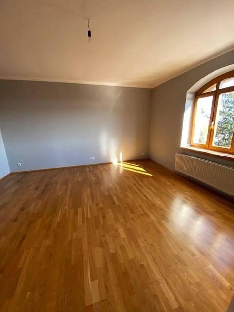 Geräumiger Raum mit hellem Holzparkettboden, grauen Wänden und viel Tageslicht.