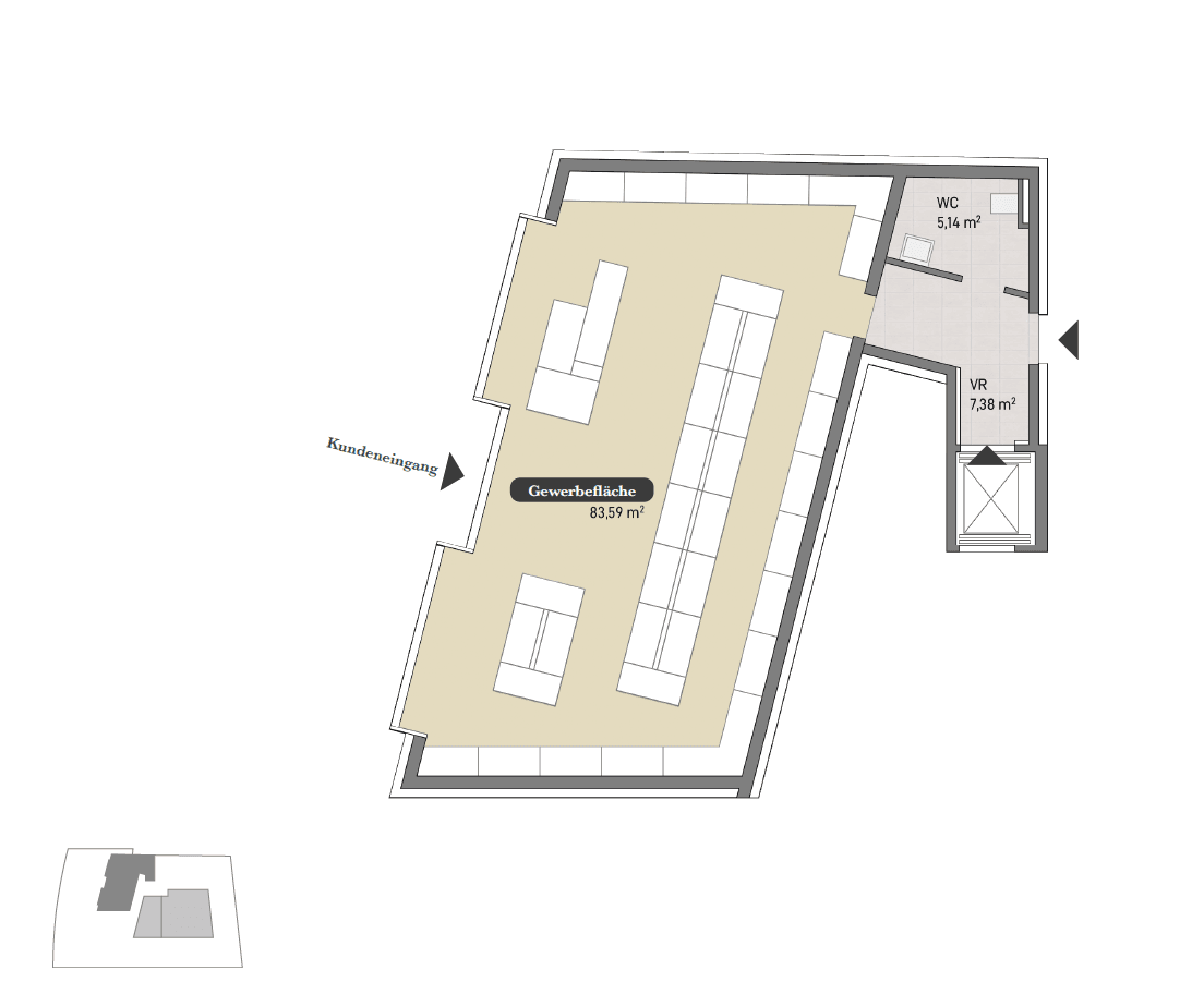 Detaillierter Grundriss einer Gewerbefläche im Erdgeschoss mit separatem WC und Vorraum.