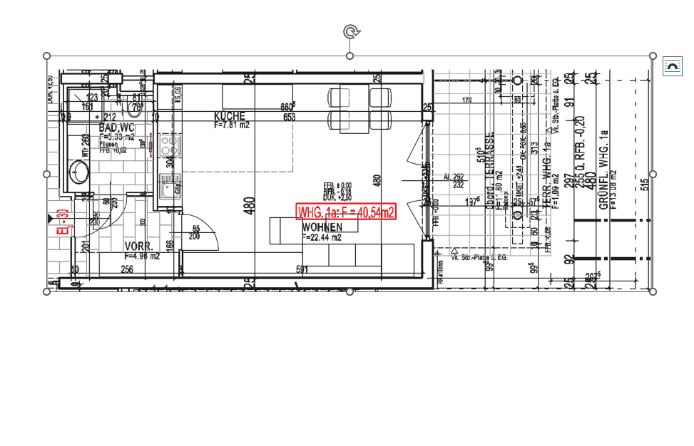 Grundriss einer Wohnung mit offener Küche, Wohnbereich, Bad, Vorratsraum und Zugang zu Terrasse und Balkon.