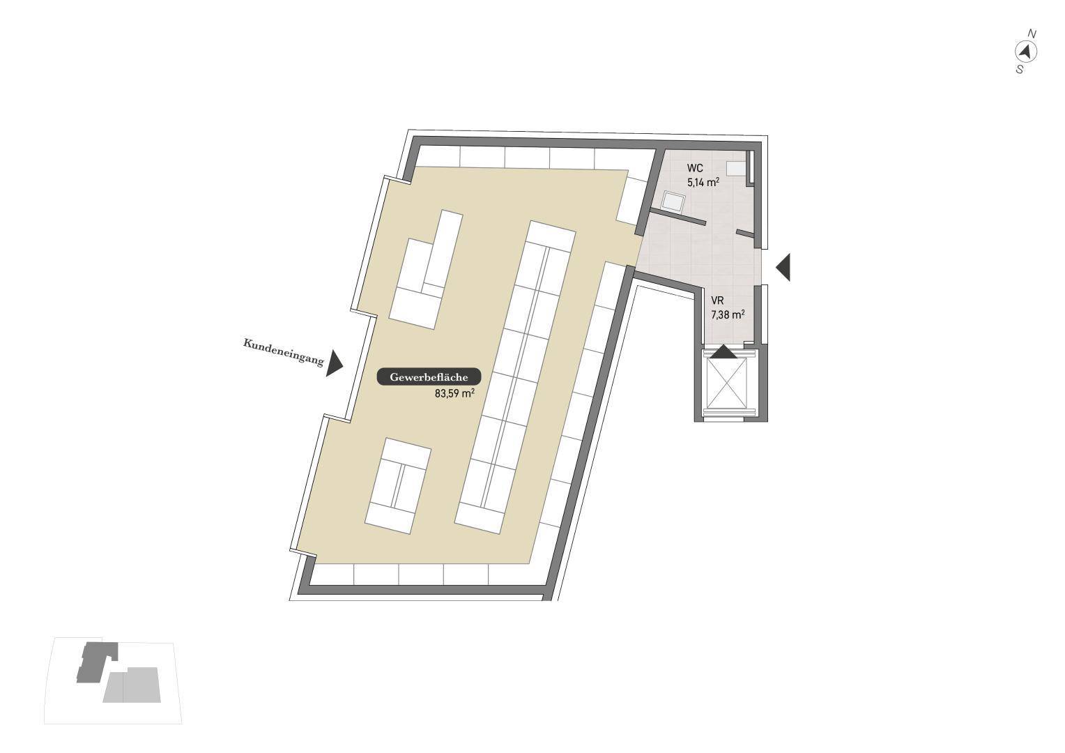 Grundriss der Gewerbefläche TOP 01 mit offenem Layout, Vorraum und separatem WC-Bereich.