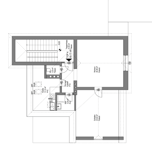 Grundriss des Erdgeschosses mit Küche, Bad, Wohnzimmer und Schlafzimmer.