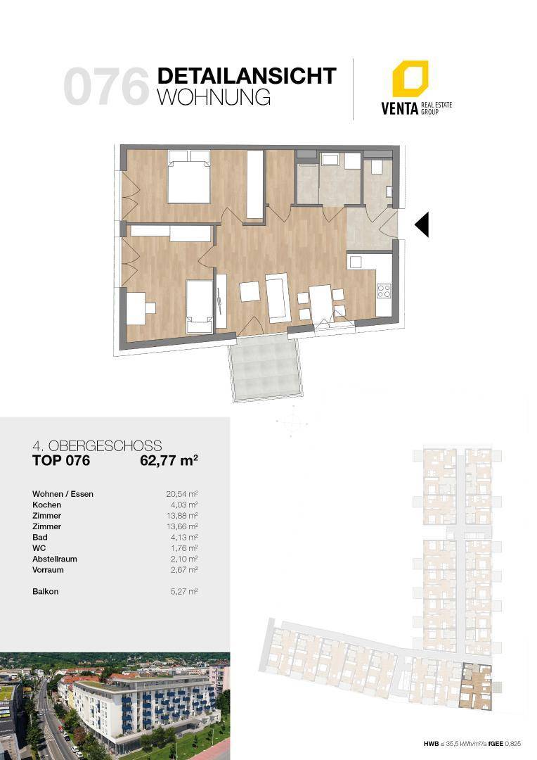 Detaillierter Grundriss der Wohnung 076 im Obergeschoss mit Flächenangaben.