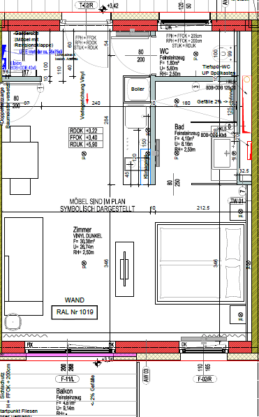 Grundriss einer Wohneinheit mit Zimmer, Bad, separatem WC und Balkon.