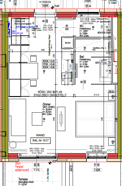 Detaillierter Grundriss einer Wohnung mit Zimmer, Bad und Terrasse.