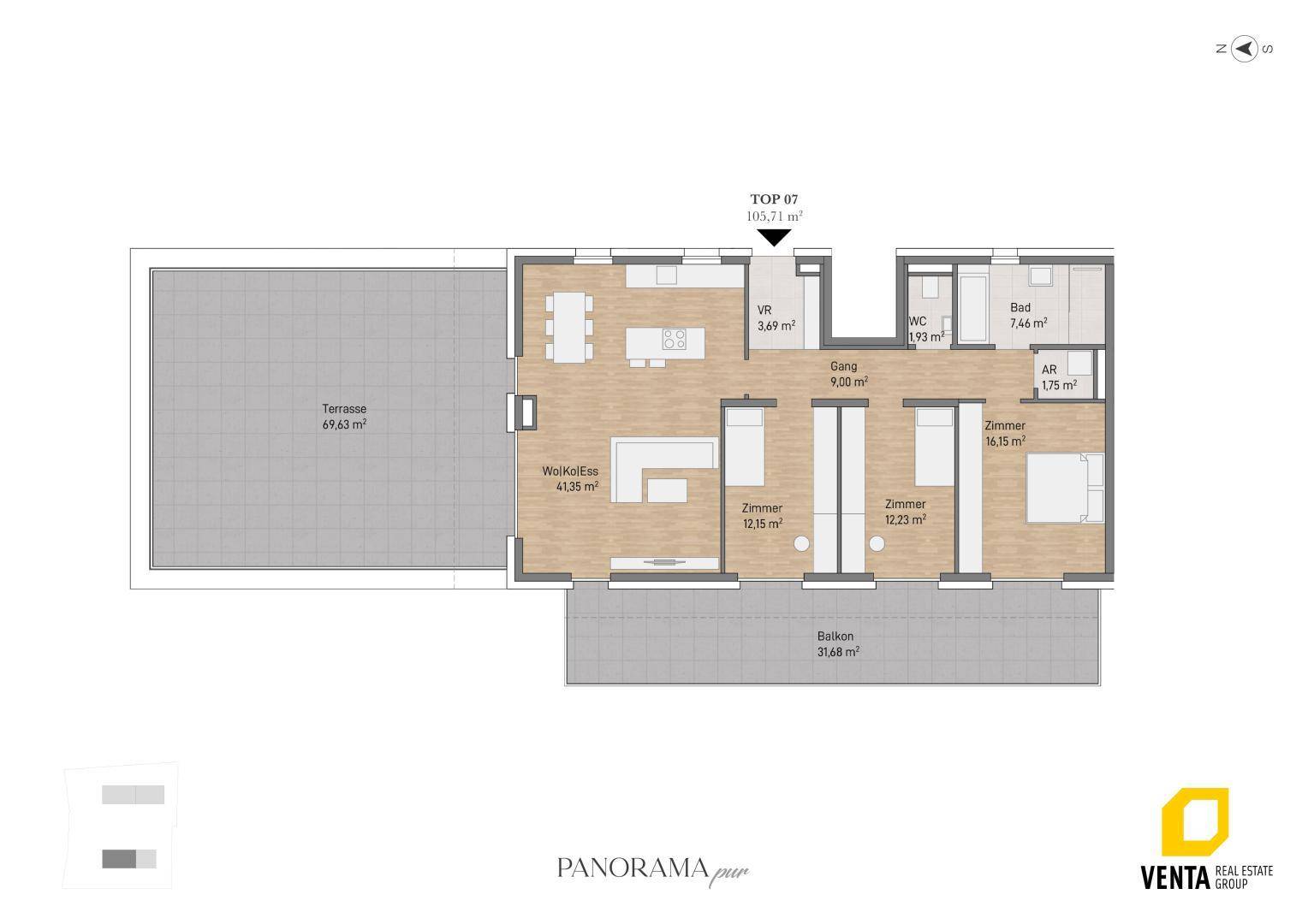 Detaillierter Grundriss der Wohnung TOP 07 mit großer Terrasse und Balkon.