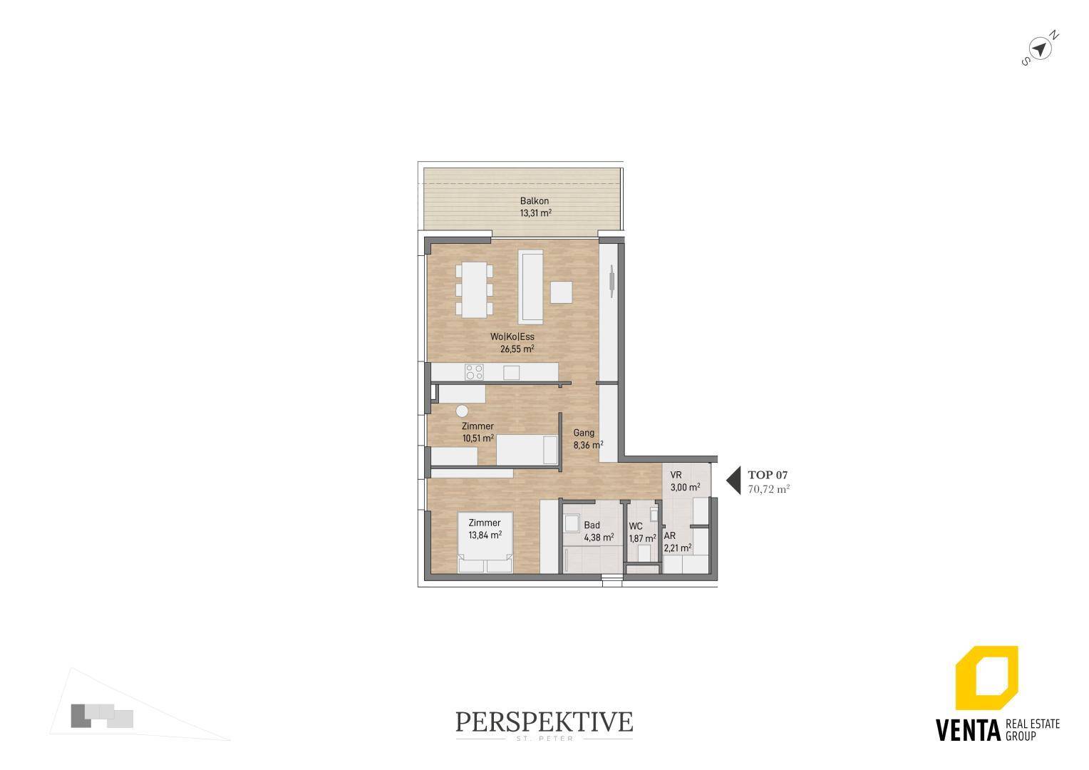 Grundriss der Wohnung TOP 07 mit Balkon, zwei Zimmern und offenem Wohn-/Essbereich.