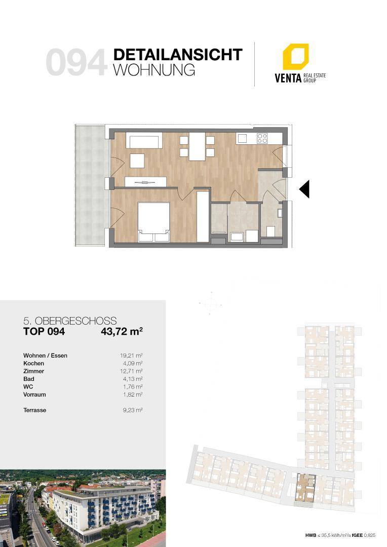 Detaillierter Grundriss einer Wohnung im 5. Obergeschoss mit offenem Wohnbereich und Terrasse.