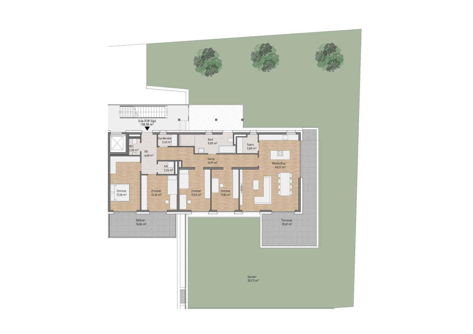 Grundriss einer Wohnung mit Balkon, Terrasse und Gartenbereich.