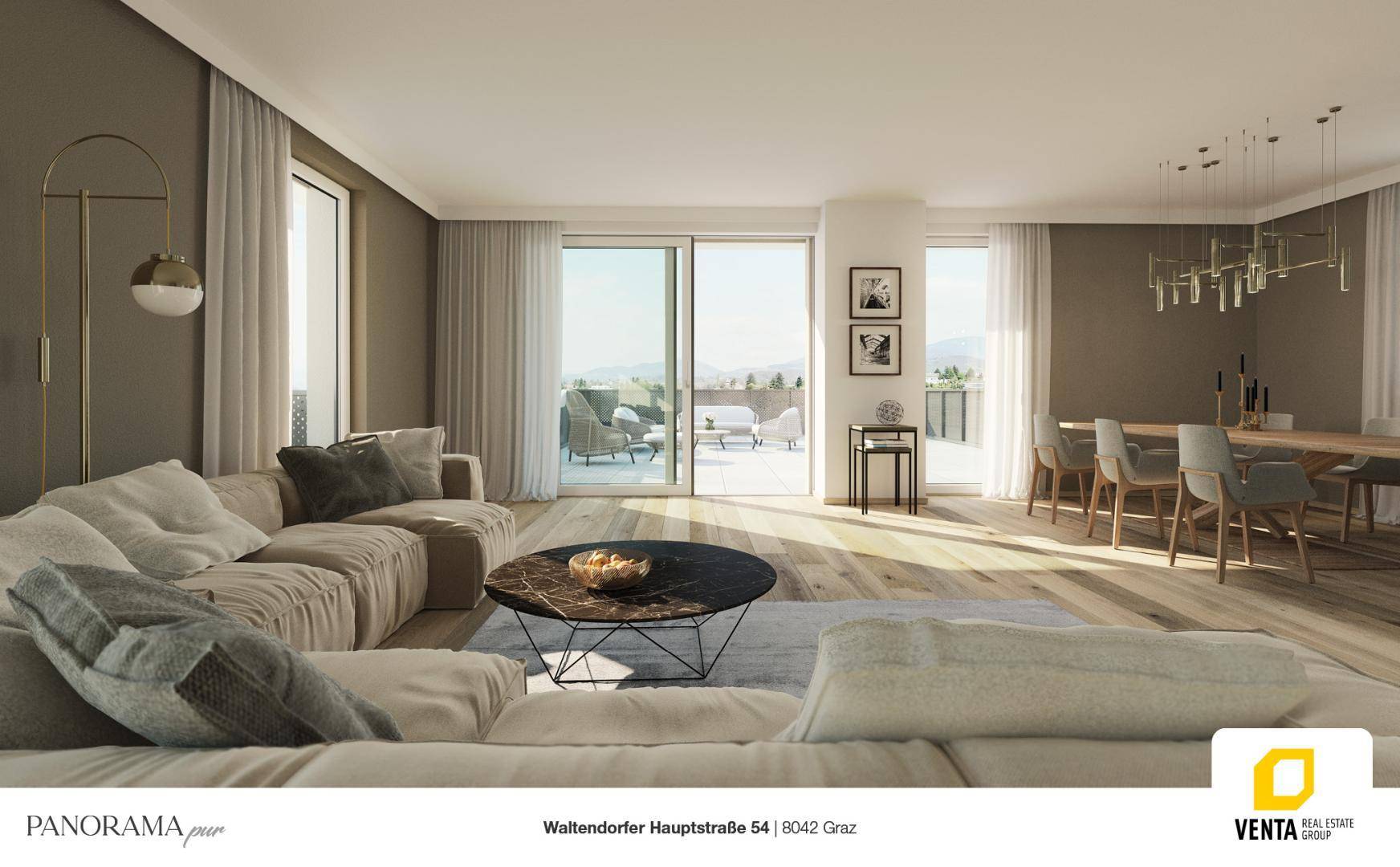 Heller Wohn-Essbereich mit modernem Sofa, Esstisch und Zugang zur Terrasse mit Weitblick.