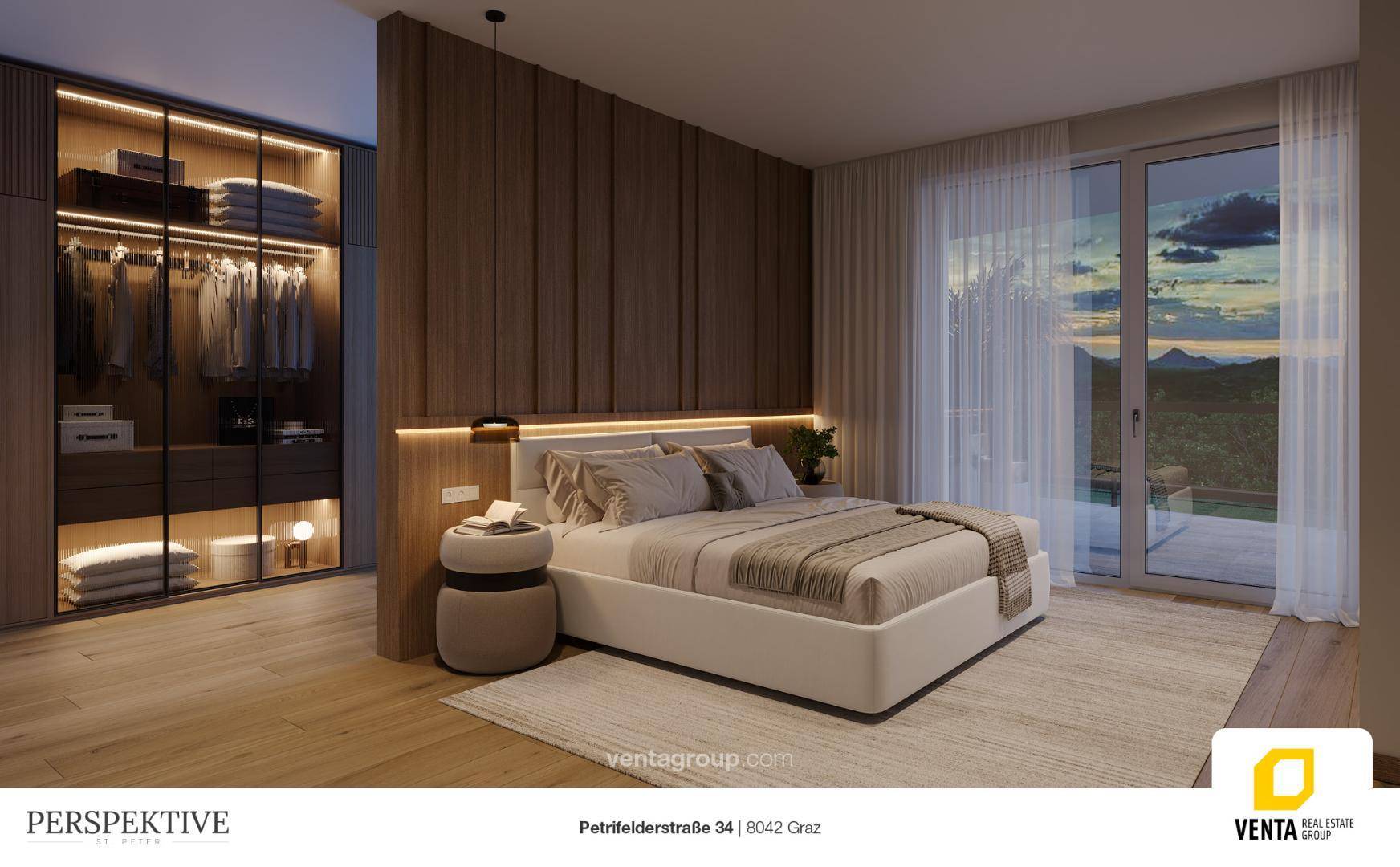 Modernes Schlafzimmer mit Holzwand, integriertem Kleiderschrank und Zugang zum Außenbereich.
