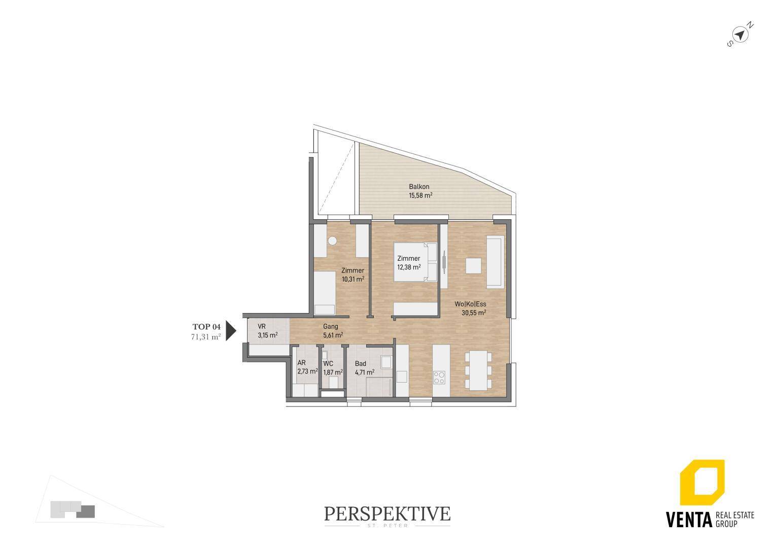 Grundriss für TOP 04 mit Wohn-Essbereich, zwei Zimmern und großem Balkon.
