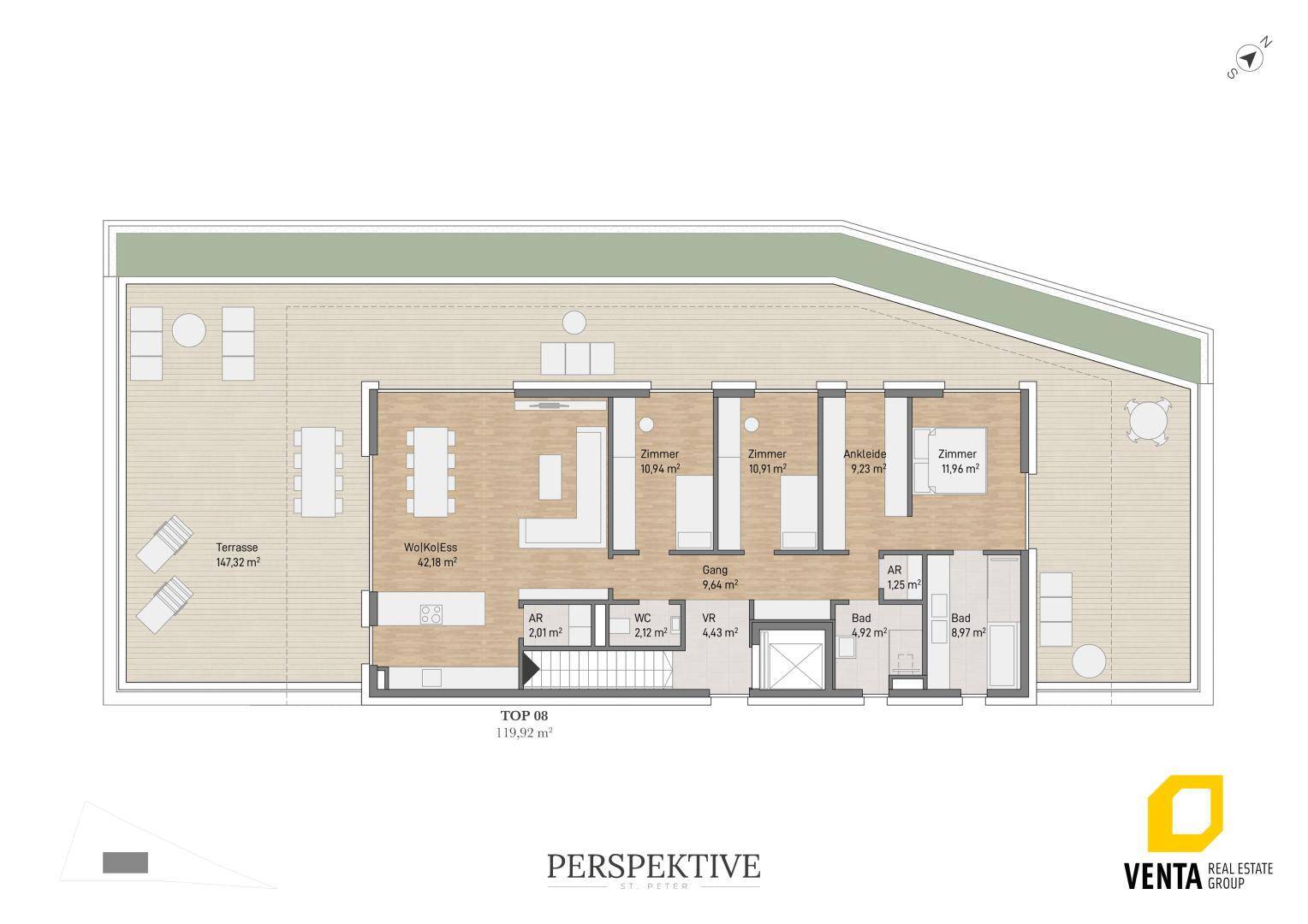 Detaillierter Grundriss von TOP 08 mit großzügiger Terrasse und offener Wohnküche.