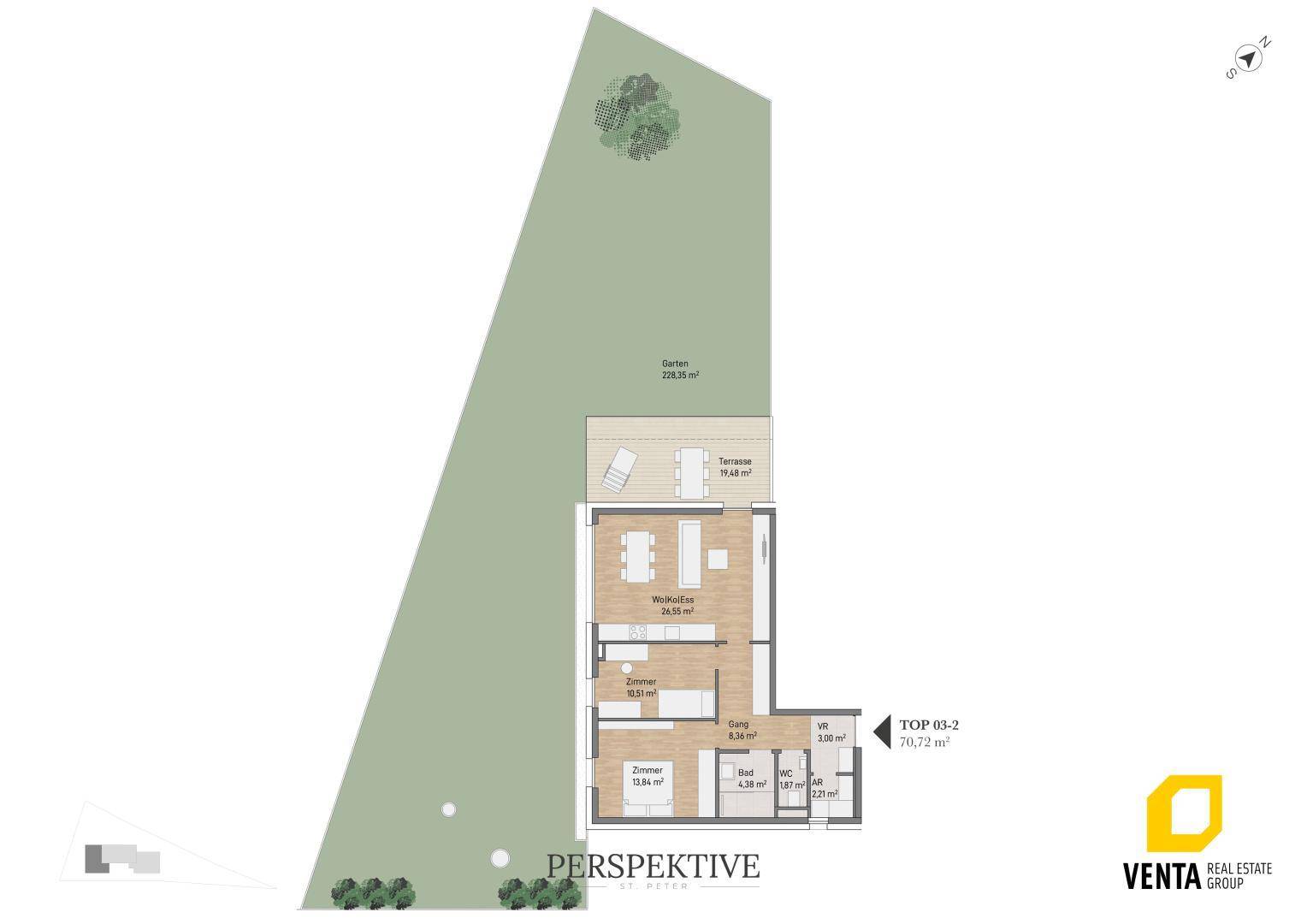 Grundriss einer Erdgeschosswohnung mit offenem Wohnbereich, zwei Zimmern, Bad, WC und großem Garten.