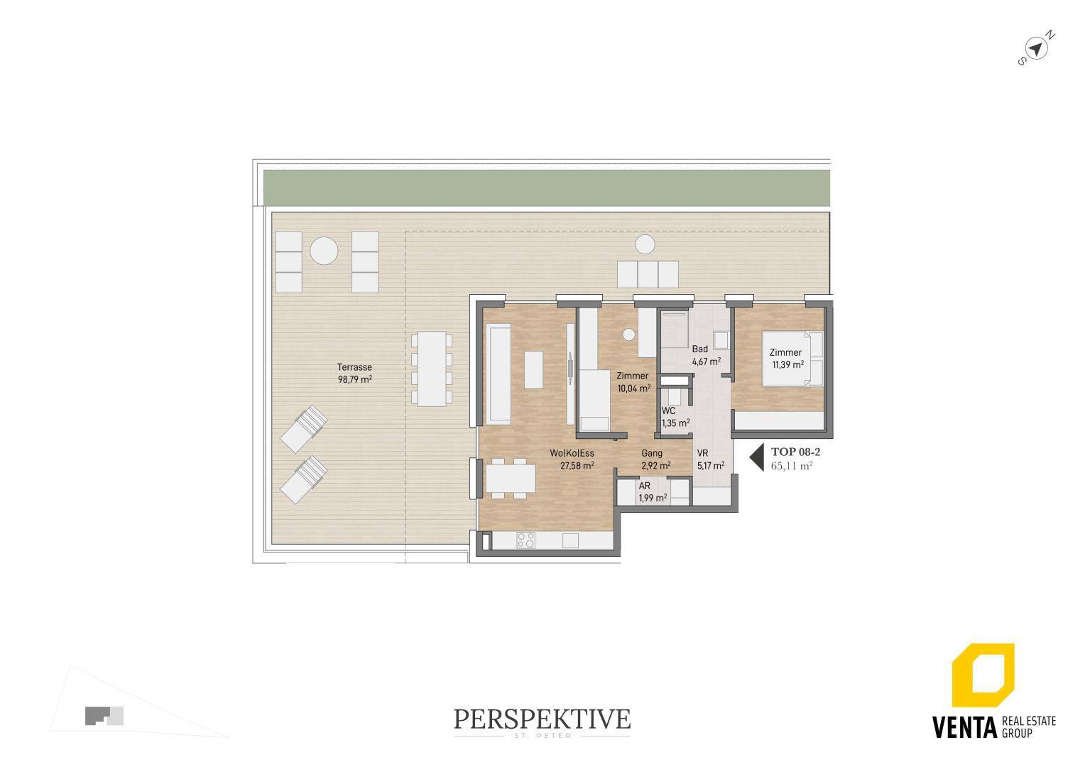 Grundriss einer Wohnung mit offenem Wohnbereich, zwei Zimmern und großer Terrasse.